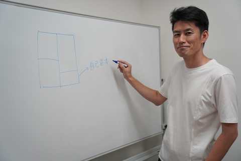 ホワイトボードを使って説明する株式会社シザコンサルティング代表取締役の川原拓馬